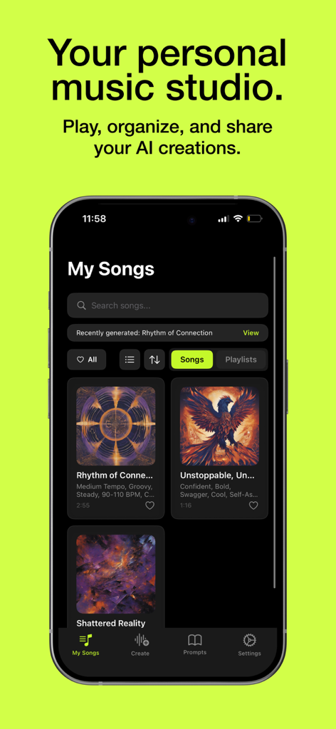 AI Song Generator & Make Music - Mobile app interface showing a library of AI generated songs with album art titles and playback options