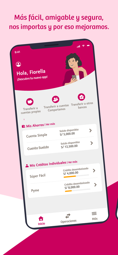 Compartamos App main screen showing savings accounts and credit information