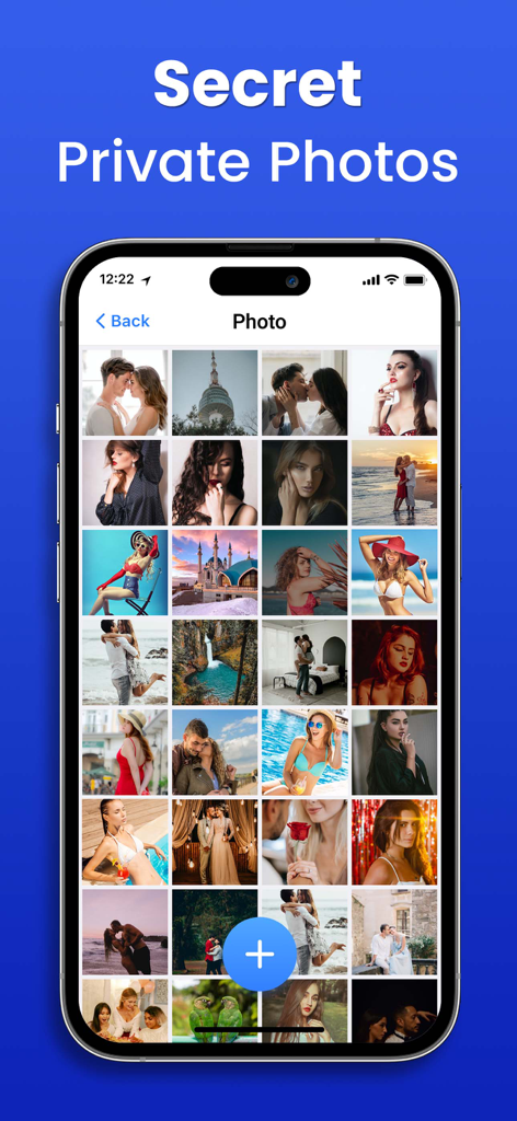 Interface of the Secret Photo Vault app showing a grid of hidden photos on an iPhone.