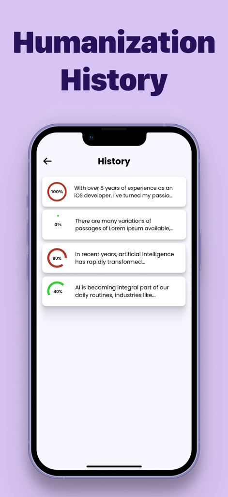 Interfaccia dell'app AI Detector e Humanizer che mostra un registro cronologico di testi umanizzati con punteggi di percentuale di autenticità.