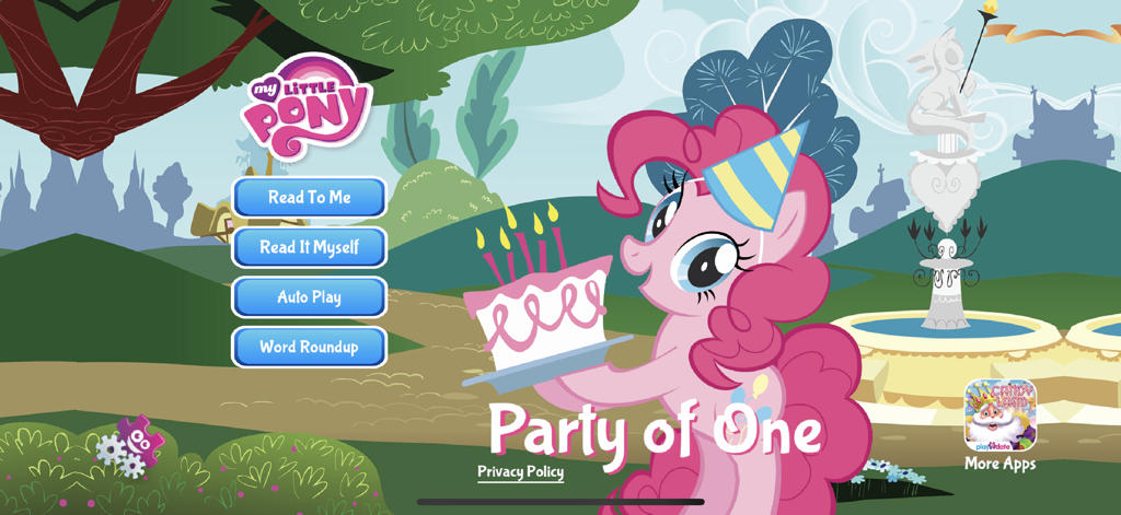 Main menu screen of My Little Pony Party of One app featuring Pinkie Pie holding a birthday cake with reading mode options