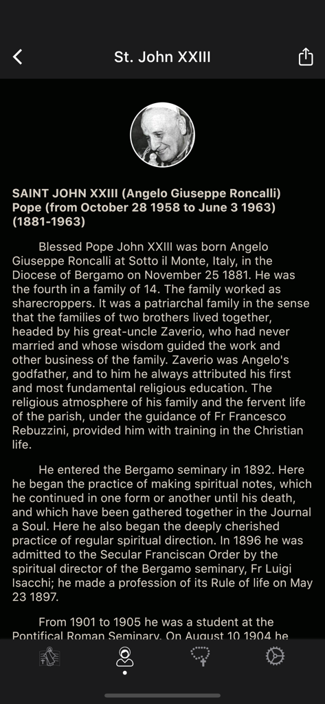 Página de biografía de San Juan XXIII en la aplicación móvil Evangelizo