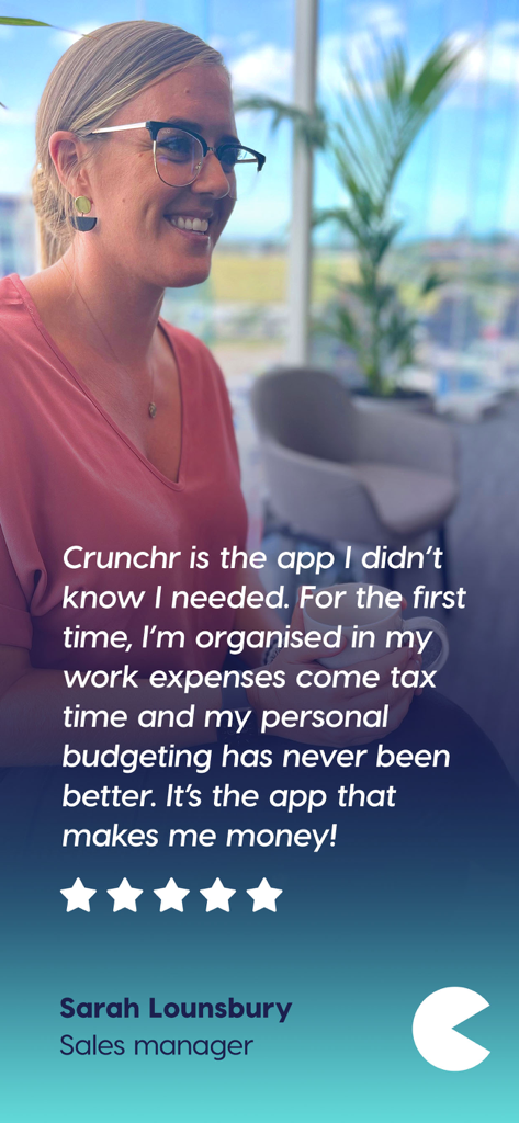 Crunchr – Receipt Saver App - User testimonial for Crunchr Receipt Saver App featuring a sales manager review and five star rating.