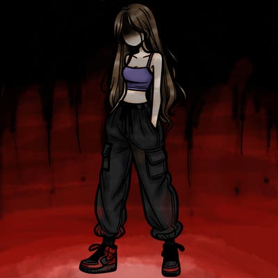 girl in baggy pants crop top and long hair