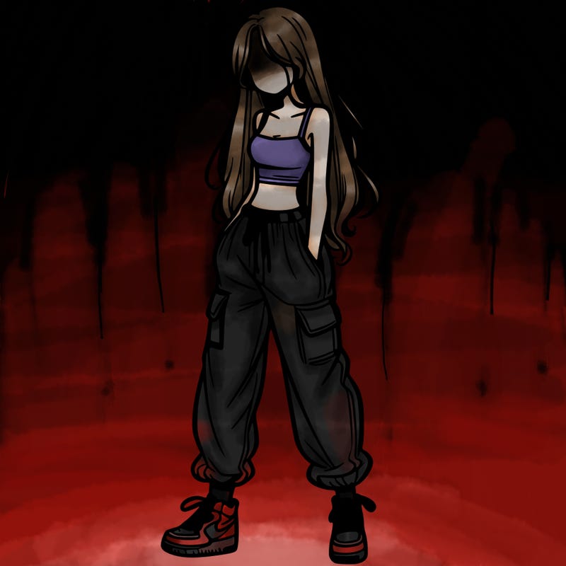 girl in baggy pants crop top and long hair