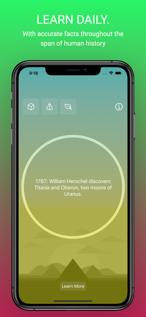 우라노스 달의 발견에 대한 사실을 보여주는 역사적 사실 모바일 앱 인터페이스