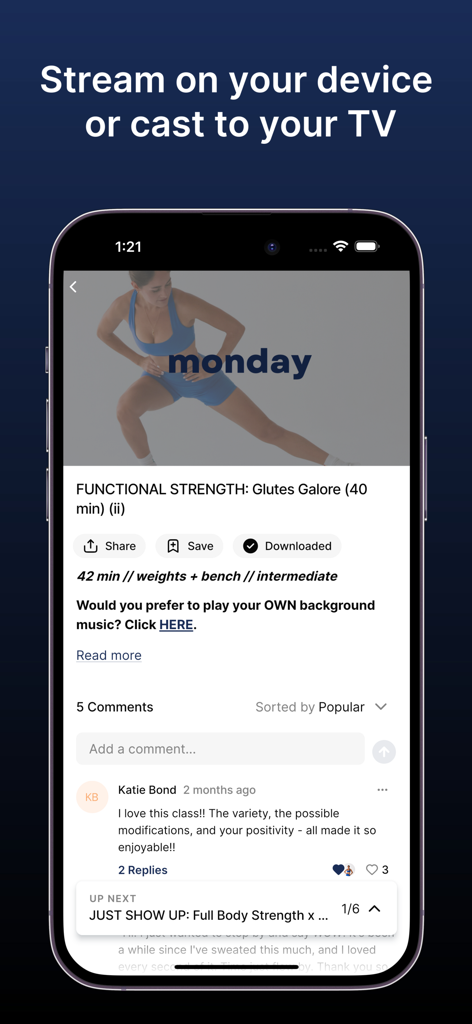 Capable - Screenshot of the Capable app showing a functional strength workout video with community comments and streaming options