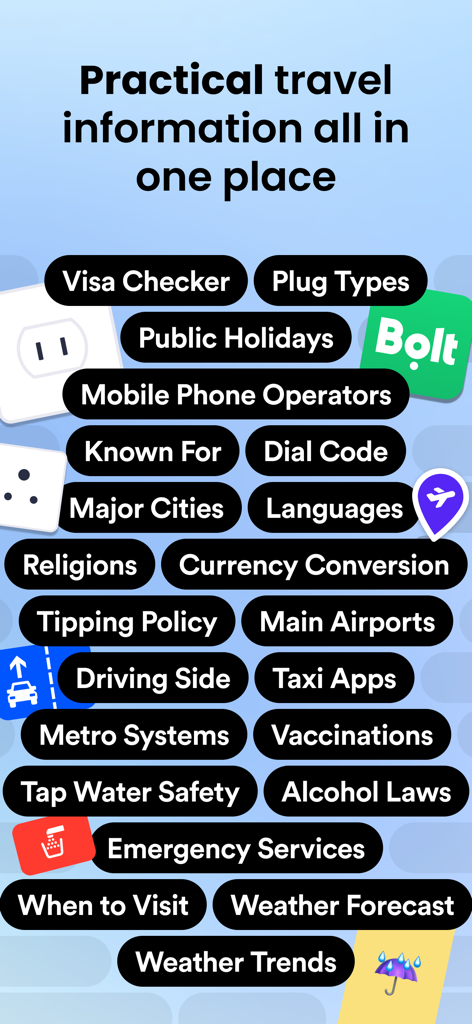 A list of practical travel information features available in the Skratch app including visa checker, plug types, and currency conversion.
