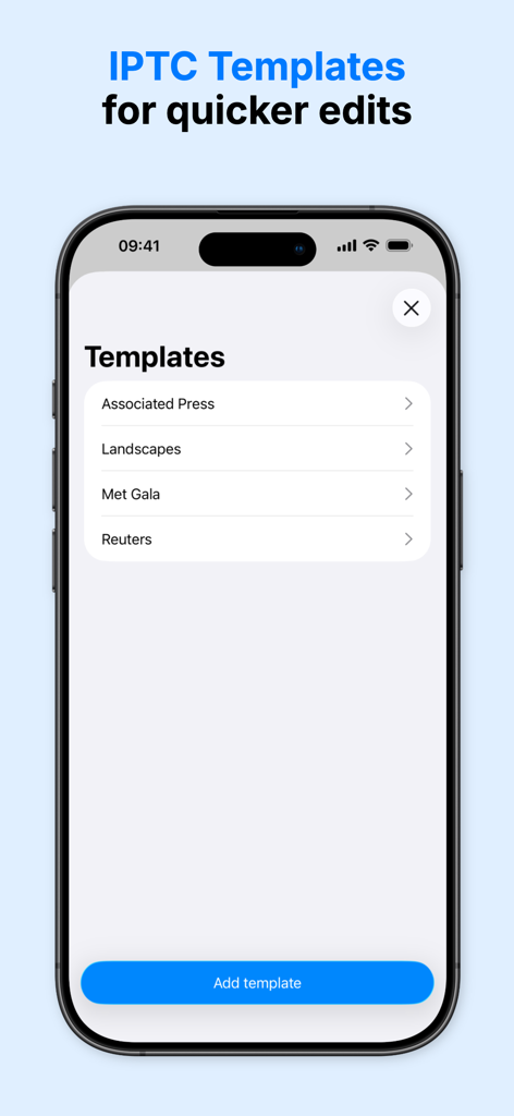 Interface showing IPTC metadata templates for quick photo editing and professional workflows