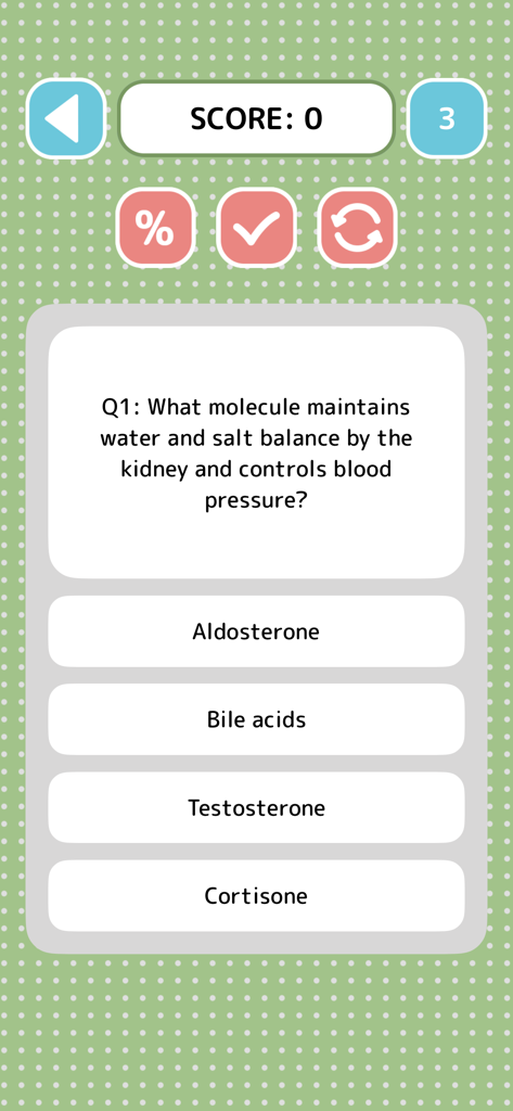 Biology Quiz - Game - A screenshot of the Biology Quiz app showing a multiple choice question about molecules that maintain water and salt balance in the kidney.