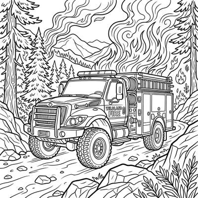 Ignite your creativity with this epic wildland fire engine coloring page, designed especially for teens. Immerse yourself in the thrilling scene of an off-road fire truck amidst a forest fire, ready for a heroic coloring challenge.