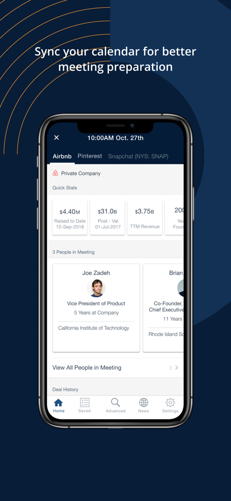 PitchBook Mobile screen showing company stats and professional profiles for meeting preparation