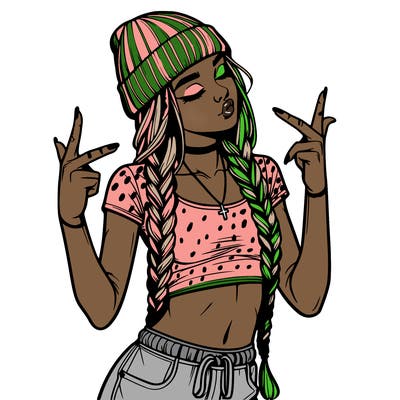 realistic teenage girl with braids and a beanie and crop top doing 🫶🏼