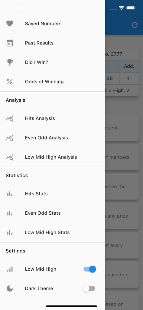 SG Toto Forecast - A navigation drawer in the SG Toto Forecast app listing features like Hits Analysis and Even Odd Stats