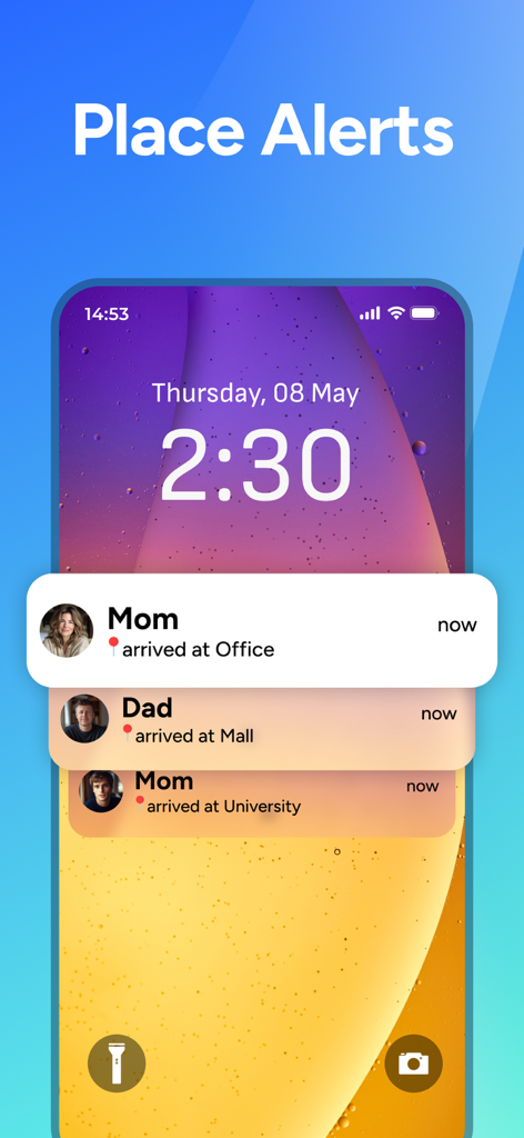 Phone Tracker for Number - iPhone lock screen showing family arrival notifications and place alerts