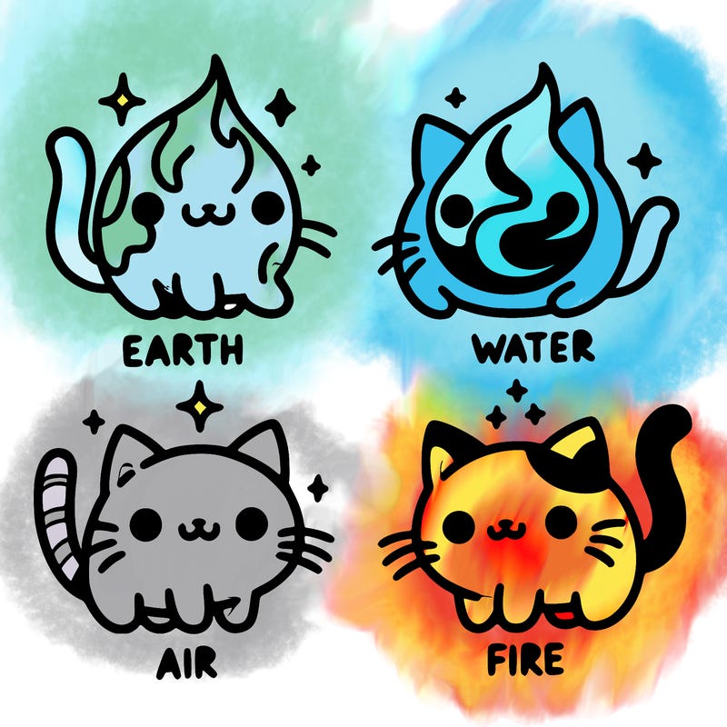4 cats that represent the different elements, earth, water, air, and fire