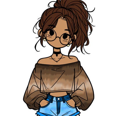 girl with a messy ponytail glasses a baggy crop top and jean shorts
