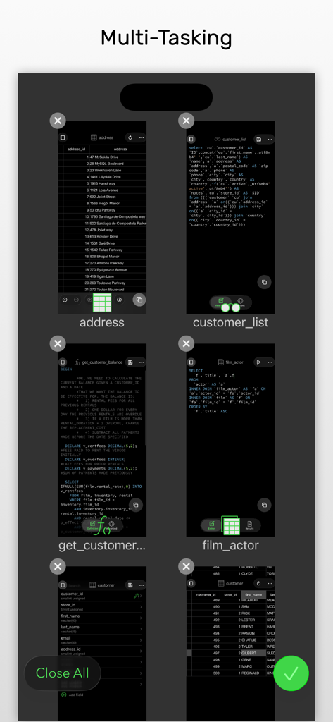 Navicat for MySQL multi-tasking screen showing a grid of open database tables and SQL query windows.