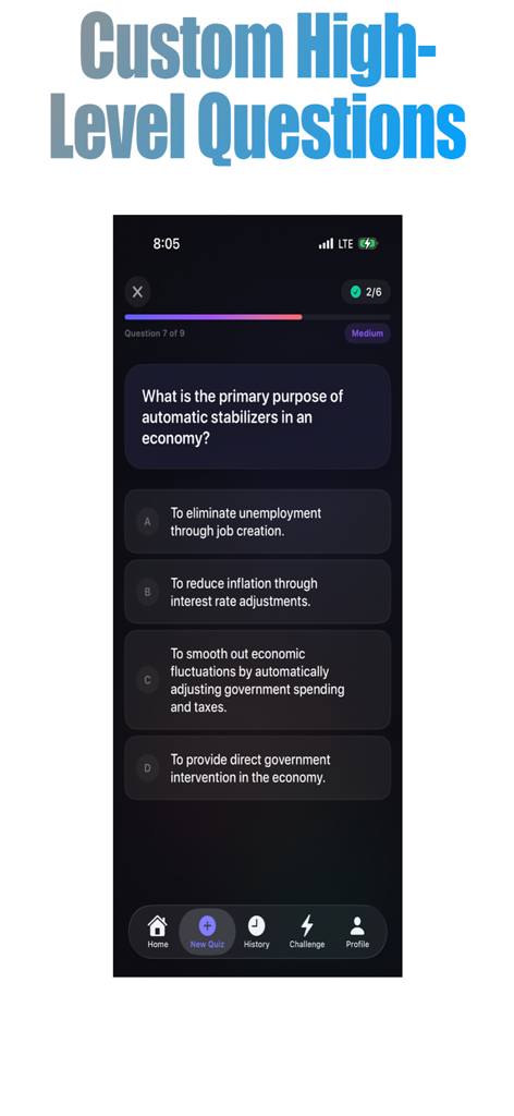 Study Quizzer - Study Quizzer mobile app interface showing a multiple choice economics question in dark mode
