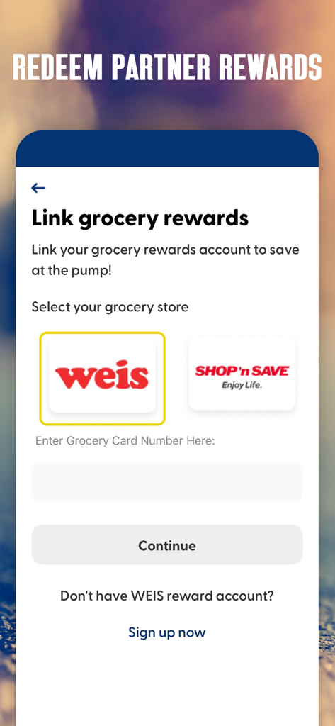 Sunoco GO REWARDS app screen for linking grocery store reward accounts from partners like Weis and Shop n Save