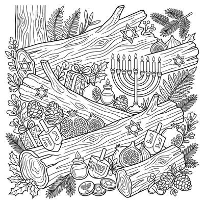 Immerse yourself in a festive Hanukkah scene with this charming coloring page. Explore fallen logs beautifully intertwined with menorahs, dreidels, and a wealth of natural elements.