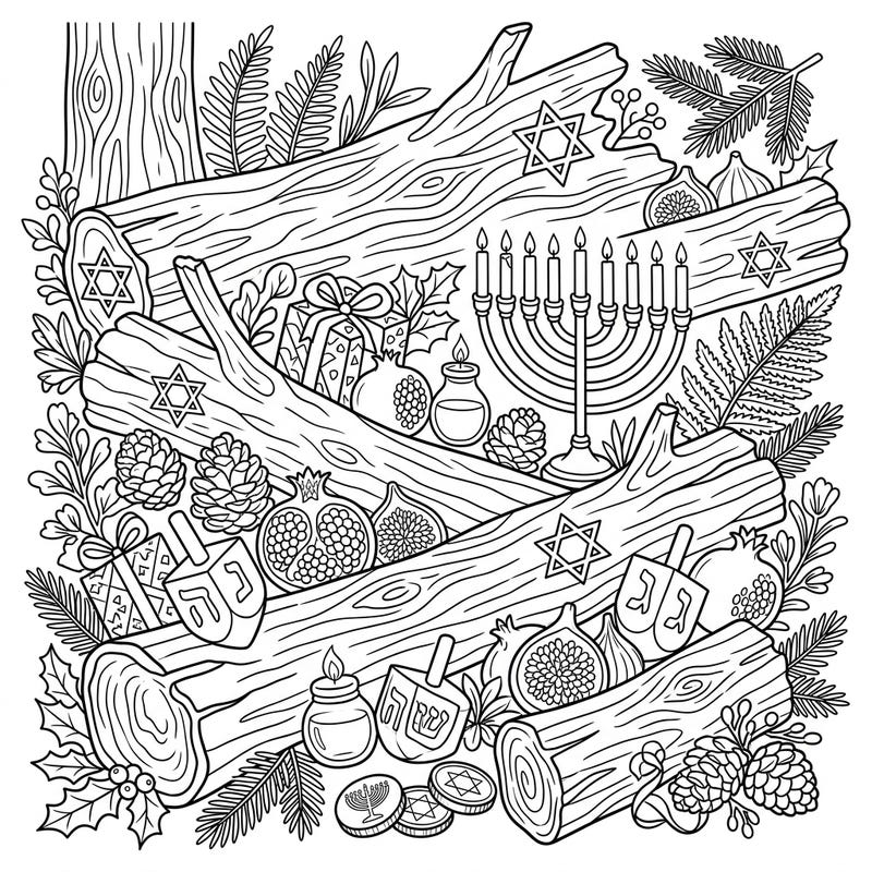 Immerse yourself in a festive Hanukkah scene with this charming coloring page. Explore fallen logs beautifully intertwined with menorahs, dreidels, and a wealth of natural elements.