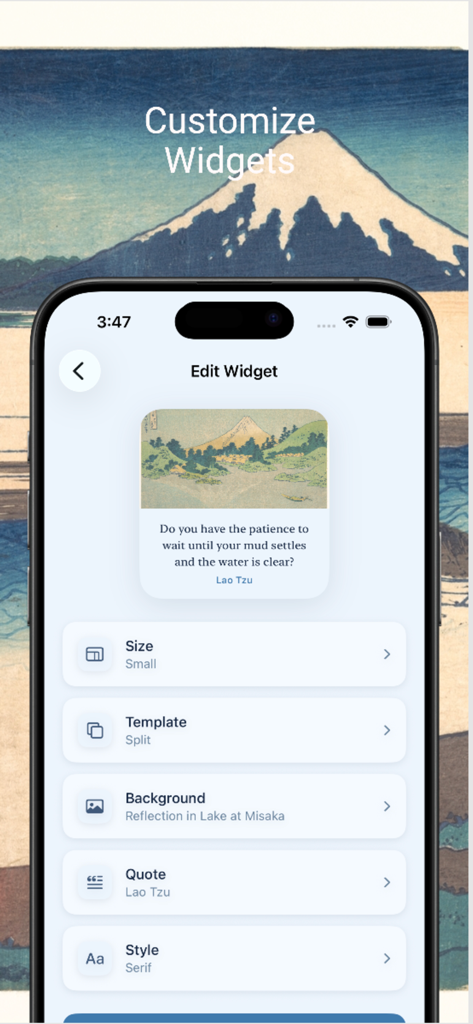 Zen Widgets - Interface de l'application Zen Widgets montrant les options de personnalisation pour un widget présentant de l'art de gravure sur bois japonais et une citation de Lao Tseu.