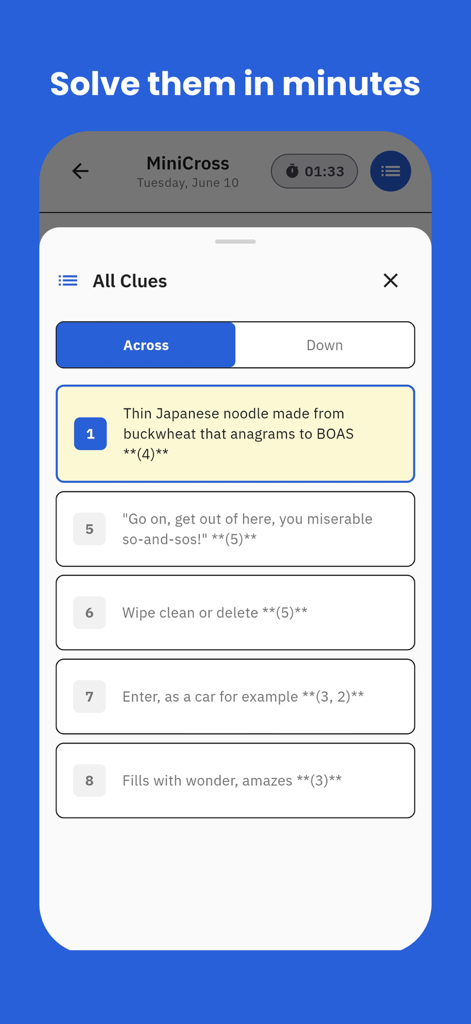 List of across clues in the MiniCross app showing a minimalist design with a blue header and a timer