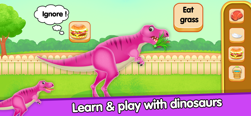 Dino Care Games - Daycare - 幼児向けの恐竜ケアゲームアプリで草を食べているピンクの恐竜