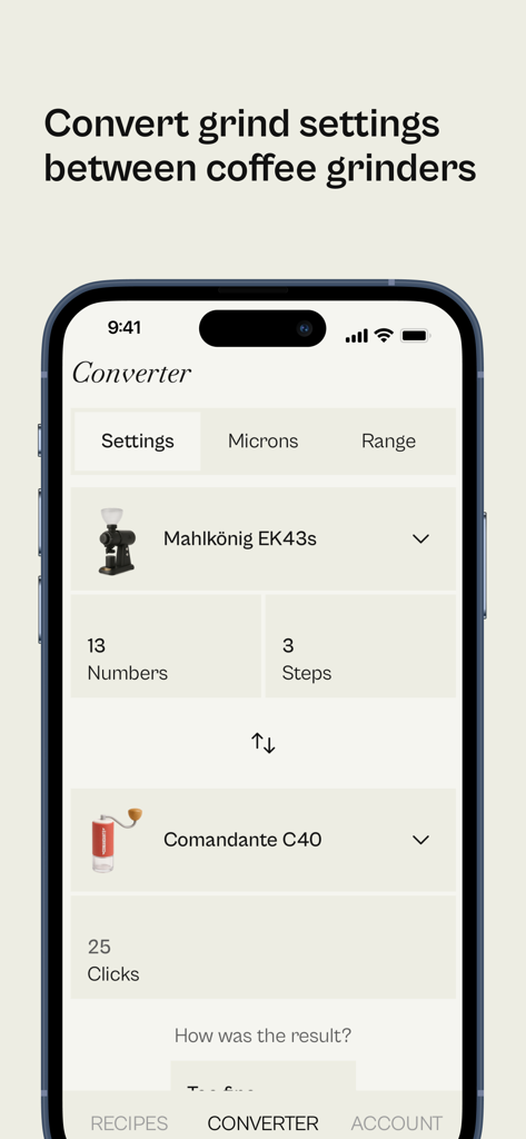 beean: brew your coffee right - Interfaz de la aplicación Beean mostrando una conversión de tamaño de molienda entre molinillos de café Mahlkonig EK43s y Comandante C40.