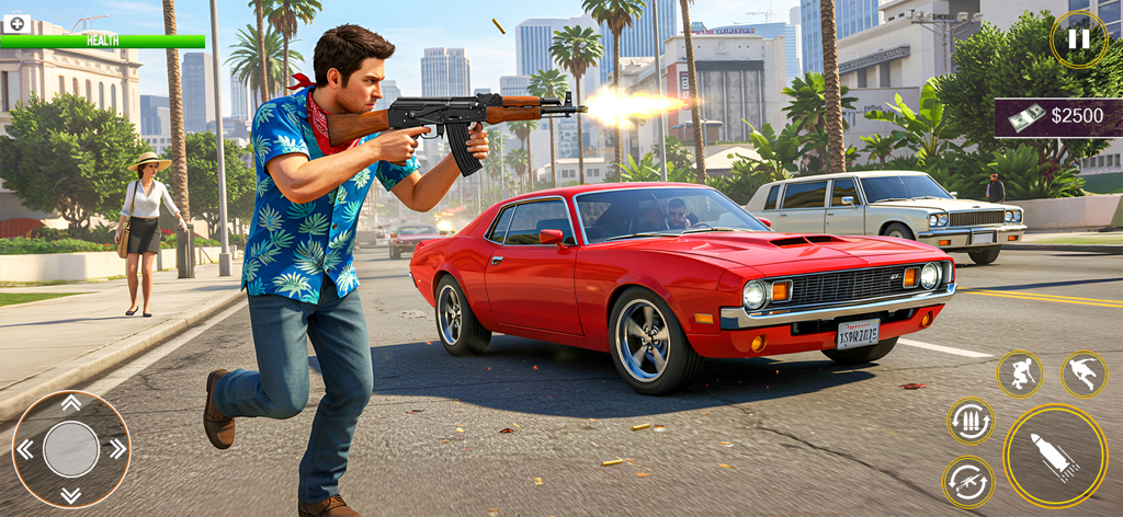 Vegas Gangster Crime Car Games - A gangster in a floral shirt shooting an assault rifle on a city street next to a red muscle car.