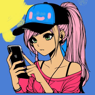 realistic girl with a long ponytail and trucker hat holding an iphone