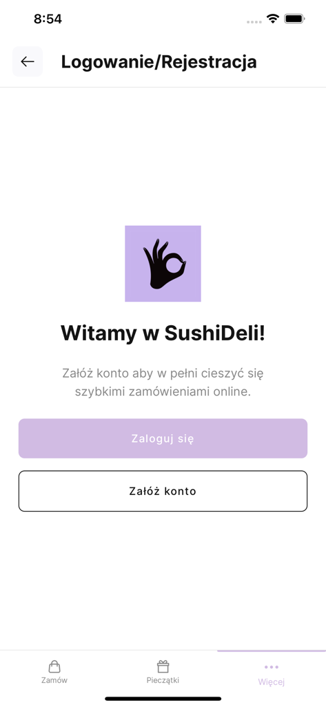 SushiDeli - SushiDeli app login and registration interface with welcome message