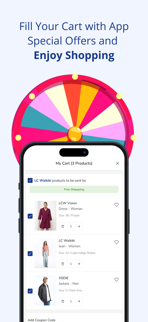 Carrito de compras de la aplicación móvil LC Waikiki mostrando artículos de moda familiar seleccionados y una rueda de la suerte promocional para ofertas especiales