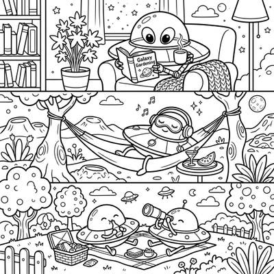 Embark on a cosmic journey of relaxation with these charming UFOs enjoying their weekend. From reading to picnicking, these adorable alien friends know how to unwind, offering a delightful coloring escape.