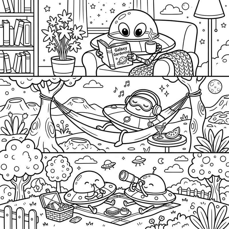 Embark on a cosmic journey of relaxation with these charming UFOs enjoying their weekend. From reading to picnicking, these adorable alien friends know how to unwind, offering a delightful coloring escape.