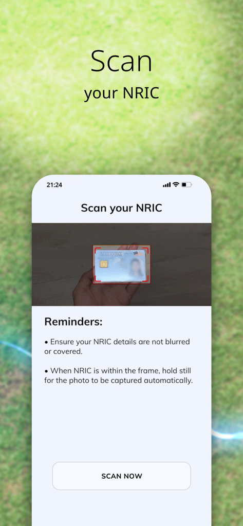 Mobile screen showing the step to scan a Malaysian NRIC identity card within the Apply@HLB app