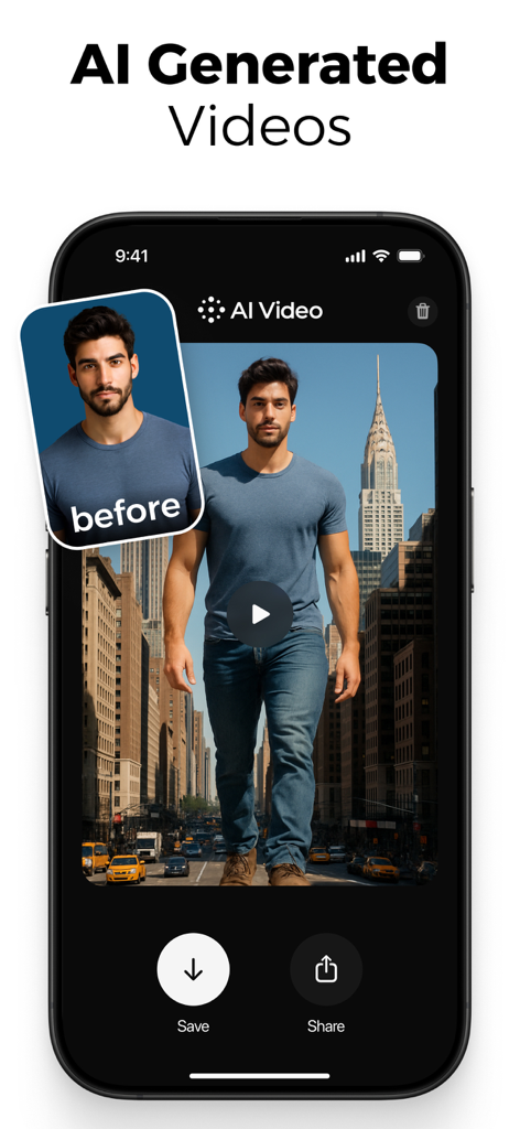 Before and after comparison of a man's portrait transformed into an AI video walking in New York City