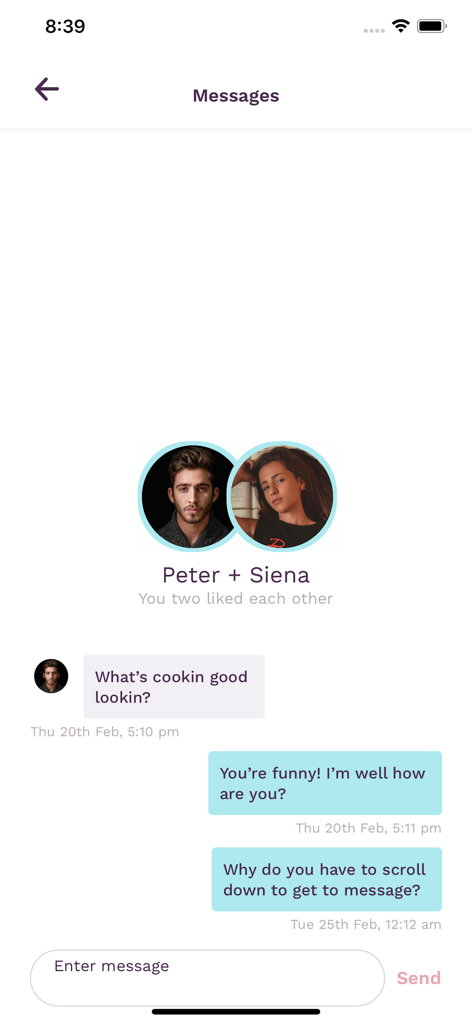 Uno schermo di messaggistica nell'app Modamily che mostra una chat tra due utenti abbinati