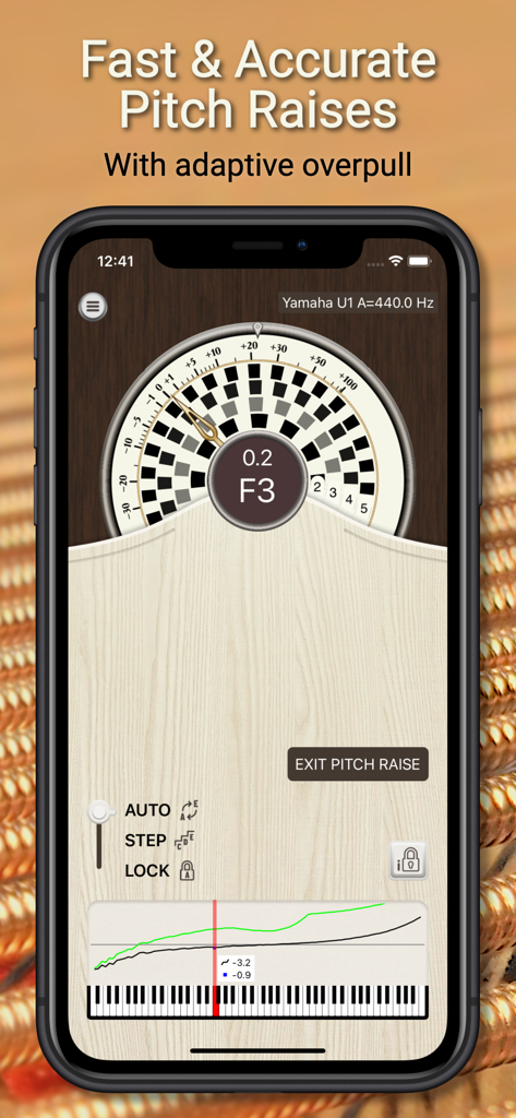 PianoMeter – Piano Tuner - Interfaz de la aplicación PianoMeter que muestra el modo de elevación de tono con sobretensión adaptativa para la afinación profesional de pianos
