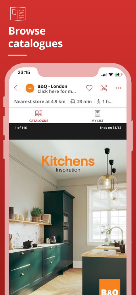 Tela de um celular mostrando um catálogo digital de cozinha da B&Q no aplicativo de compras Tiendeo