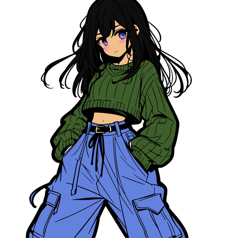 anime teen girl with baggy pants and crop top with sweater