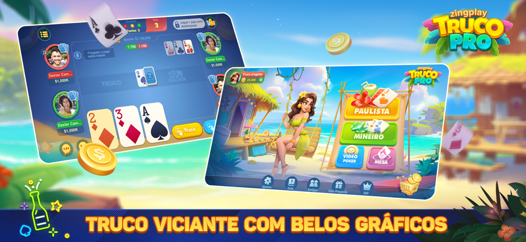 Truco ZingPlay - Interfaz del juego de cartas móvil Truco ZingPlay mostrando la mesa de juego y el menú principal con diferentes modos de juego