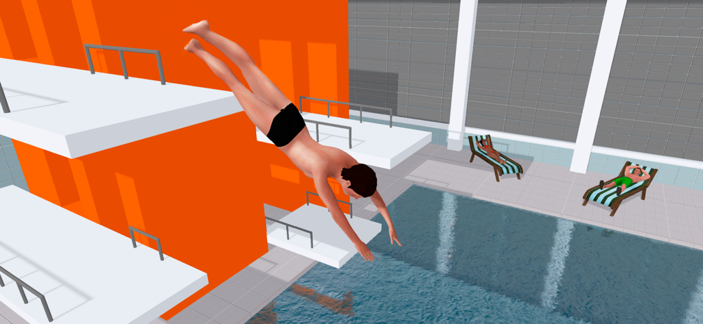 Cliff Flip Diving Swimming Sim - Un personaje masculino saltando desde un trampolín alto a una piscina cubierta.