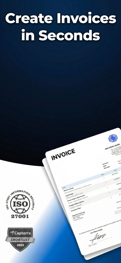 Expense Tracker & Budget - Gli - Screenshot of Glipo app showing professional invoice creation with ISO 27001 security and Capterra shortlist badges.