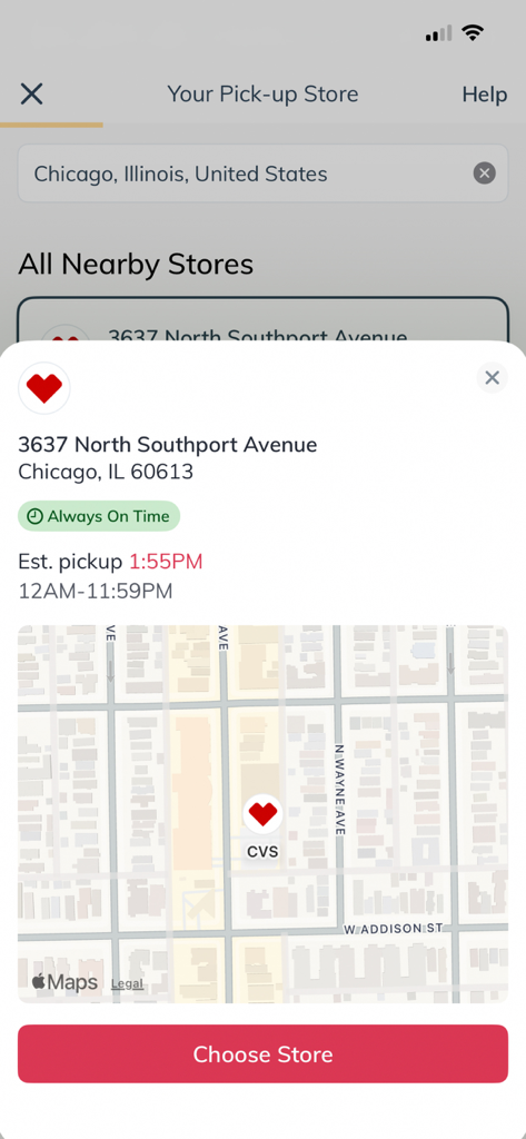 Picta x CVS Photo - Interface of the Picta x CVS Photo app showing a store selection map and estimated pickup time in Chicago.