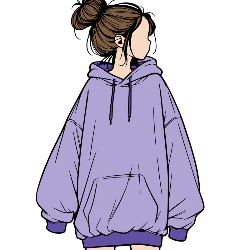 realistic girl with a oversized sweatshirt on and a bun