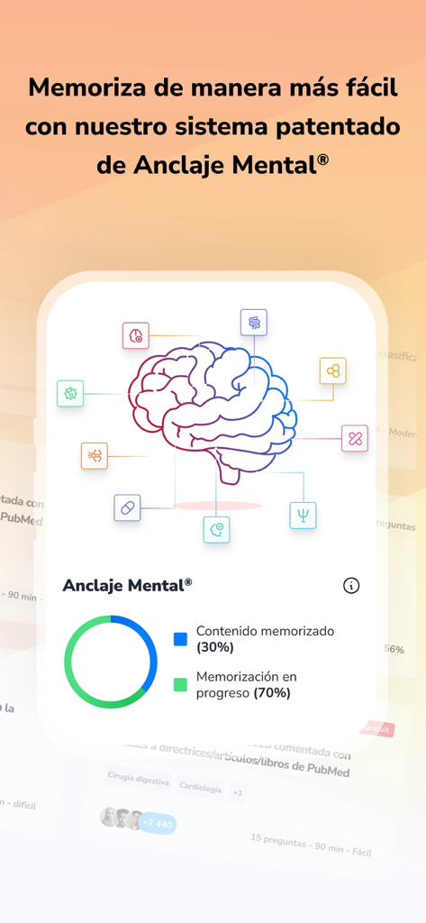 prepMIR - Interface de l'application PrepMIR montrant le système d'étude d'ancrage mental avec un graphique de cerveau et un anneau de progression pour la mémorisation