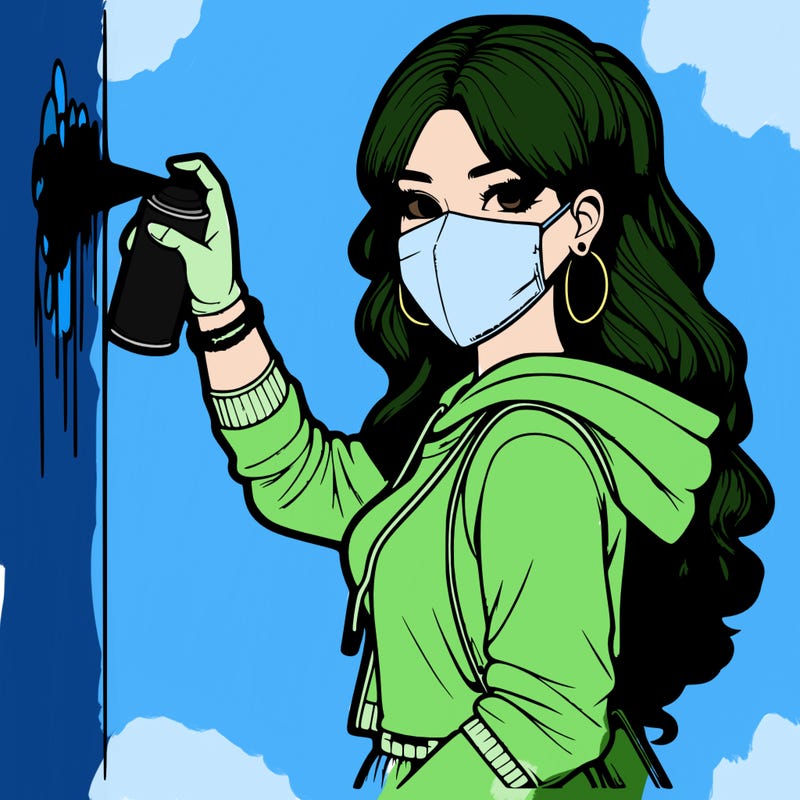 realistic girl with mask spray painting a wall