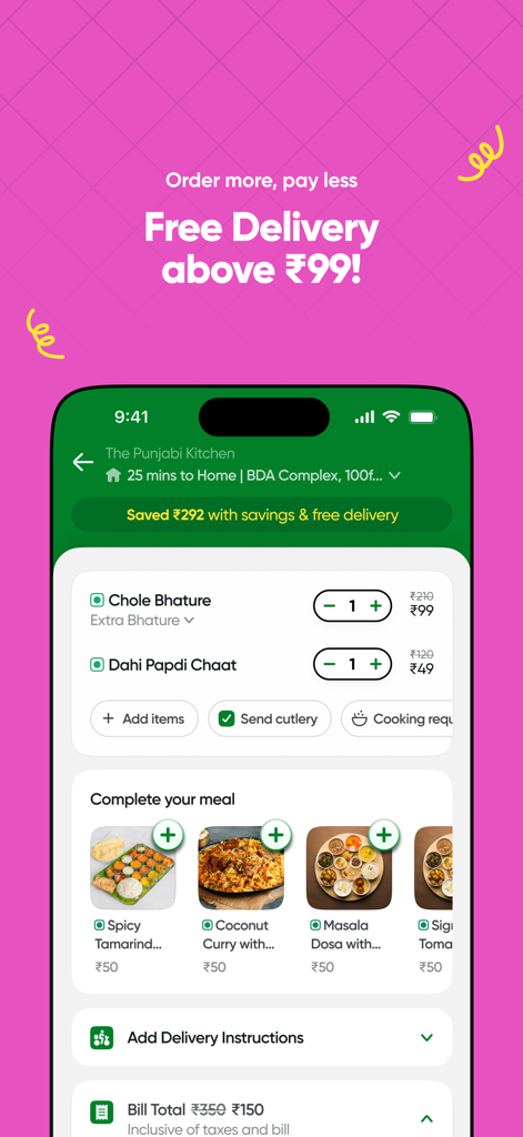 Toing app checkout screen displaying a free delivery offer on food orders over 99 rupees.